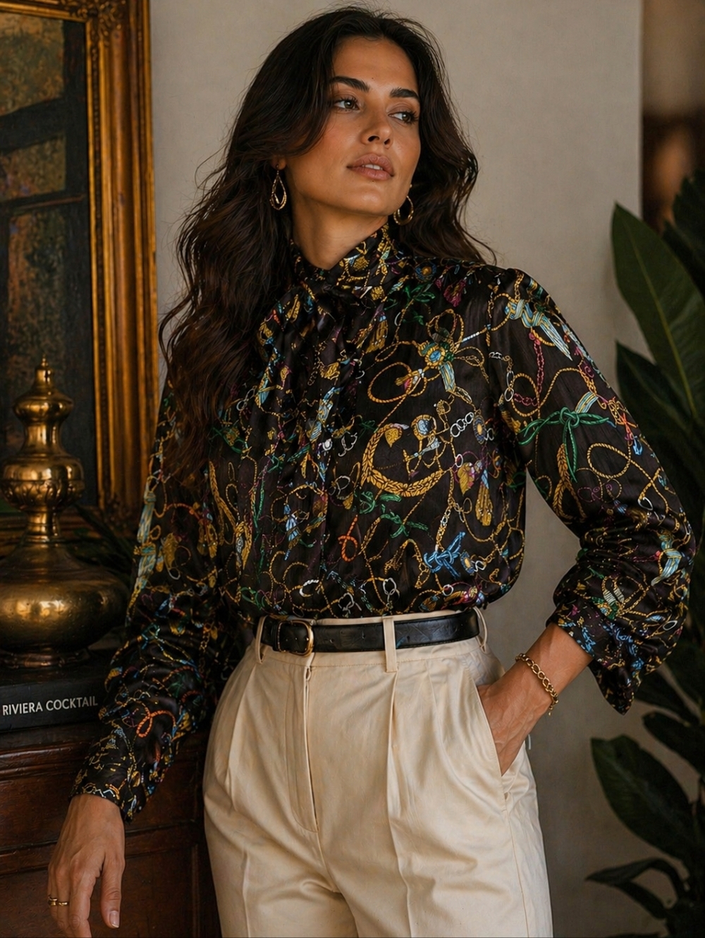 Zara Equestrian Chain Satin Blouse Size S Button Front Scarf Print Baroque